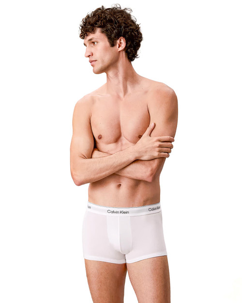 Calvin Klein 3-Pack Icon Cotton Stretch Low Rise Trunk White NB4389G-100 | Front View | Mens Boxer Briefs | Topdrawers Underwear for Men