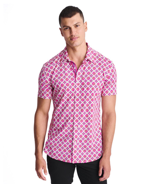 Postmarc S S Performance Stretch Shirt Pink Blush Circles PM-76109 | Front View | Mens Short Sleeve Shirts | Topdrawers Clothing for Men