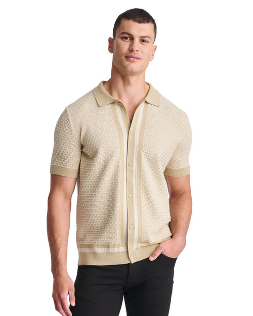 Postmarc S S Honeycomb Textured Cotton Knit Shirt Nutmeg Latte PM-16329 | Front View | Mens Short Sleeve Shirts | Topdrawers Clothing for Men