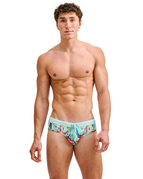 ST33LE Swim Brief Teal Multi Drips ST-8015-33 | Front View | Mens Swim Briefs | Topdrawers Swimwear for Men