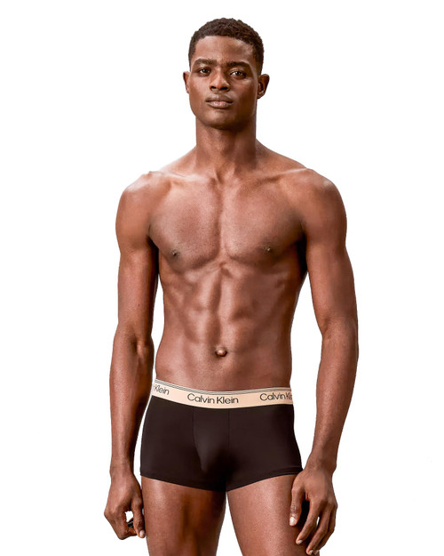 Calvin Klein 3-Pack Microfiber Stretch Low Rise Trunk Black Bodies  Gulf Blue Light Cast Peach Bliss NB4409G-3ZZ | Front View | Mens Boxer Briefs | Topdrawers Underwear for Men