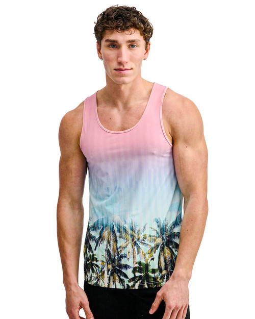 ST33LE Stretch Mesh Tank Blush Aqua Palms ST-11148 | Front View | Mens Tank Tops | Topdrawers Clothing for Men