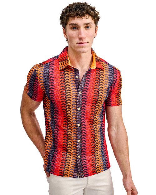 ST33LE Vertical Arrow Stripe Short Sleeve Shirt Navy Red ST-24072 | Front View | Mens Short Sleeve Shirts | Topdrawers Clothing for Men