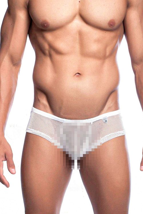 MOB Eroticwear Mesh Boyshort MBL21-WH - Mens Boxer Briefs - Front View - Topdrawers Underwear for Men
