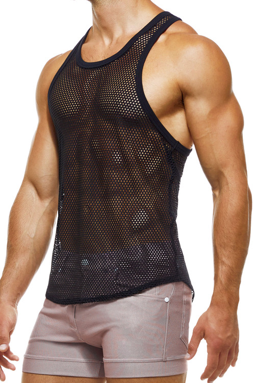 Modus Vivendi Net Trap Tank Top 06131-BL Black - Mens Singlet Tank Tops - Side View - Topdrawers Clothing for Men
