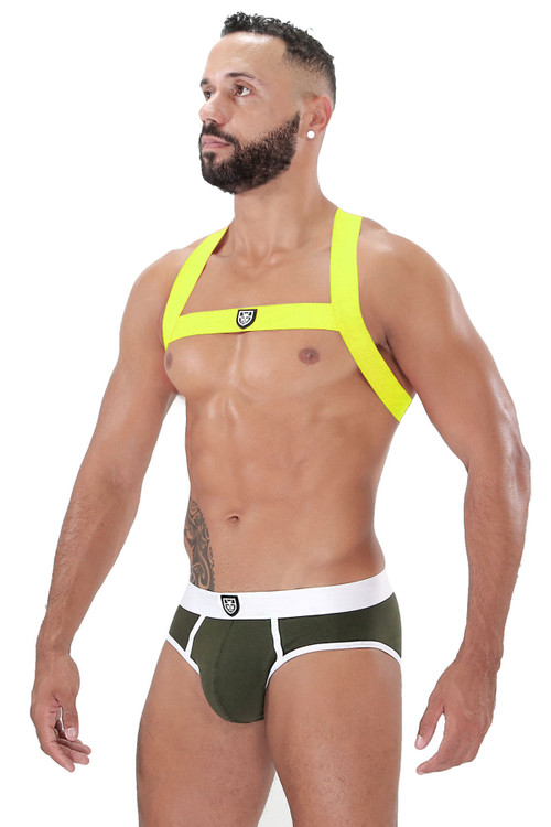 TOF Paris Fetish Elastic Harness H00017-JF Neon Yellow - Mens Elastic Harnesses - Side View - Topdrawers Underwear for Men
