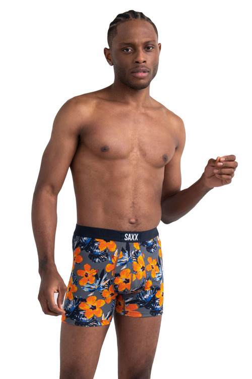 Saxx Vibe Boxer Brief SXBM35-SHT | Solar Hibiscus Grey SHT - Mens Boxer Briefs - Front View - Topdrawers Underwear for Men
