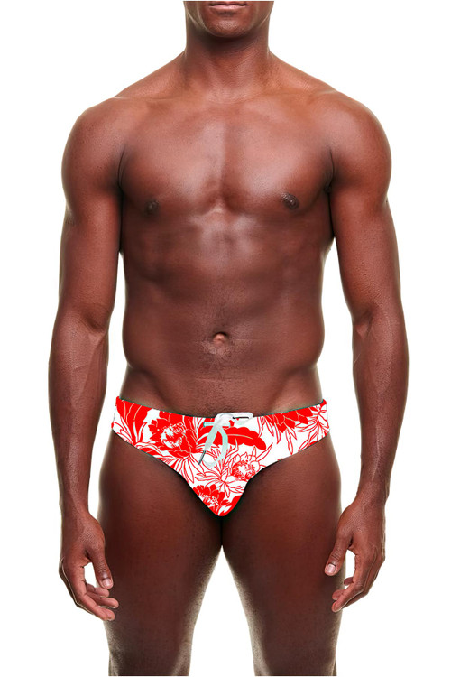 YUASA Tropic Floral Swim Brief | Red & White | YS-103-034  - Mens Swim Briefs - Front View - Topdrawers Swimwear for Men
