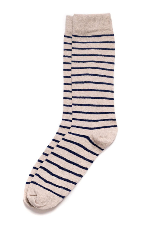 American Trench Cotton Breton Stripes Crew Socks | Linen/Navy | SCK-HM-BRTN  - Mens Socks - Front View - Topdrawers Underwear for Men
