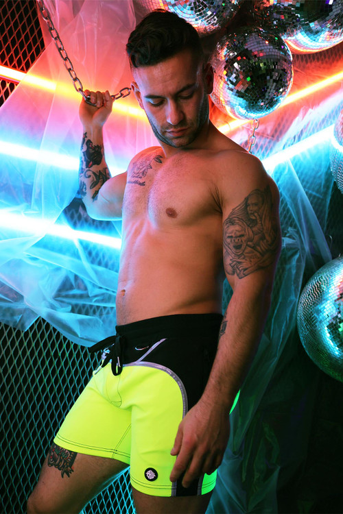 Breedwell Akira Reflective Shorts | Neon Yellow | 2306-SHORTS  - Mens Fetish Shorts - Front View - Topdrawers Clothing for Men
