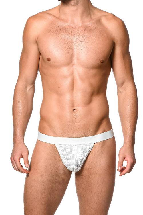 ST33LE Nylon Elastane Power Mesh Y-Thong | White | ST-10427-WHT  - Mens Thongs - Front View - Topdrawers Underwear for Men
