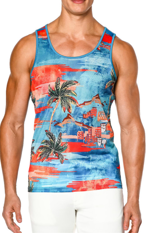 ST33LE Stretch Mesh Tank | Turquoise/Orange Palm Trees | ST-11066-TQOP  - Mens Tank Tops - Front View - Topdrawers Clothing for Men
