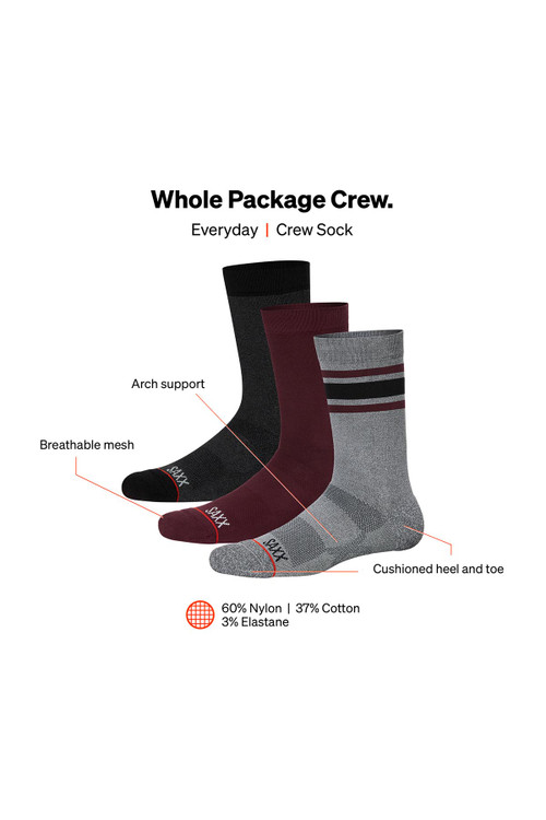 Saxx 3-Pack Whole Package Crew Socks | Athletic Stripe/Burnt Plum/Black Heather | SXCR302-ABP  - Mens Socks - Front View - Topdrawers Underwear for Men
