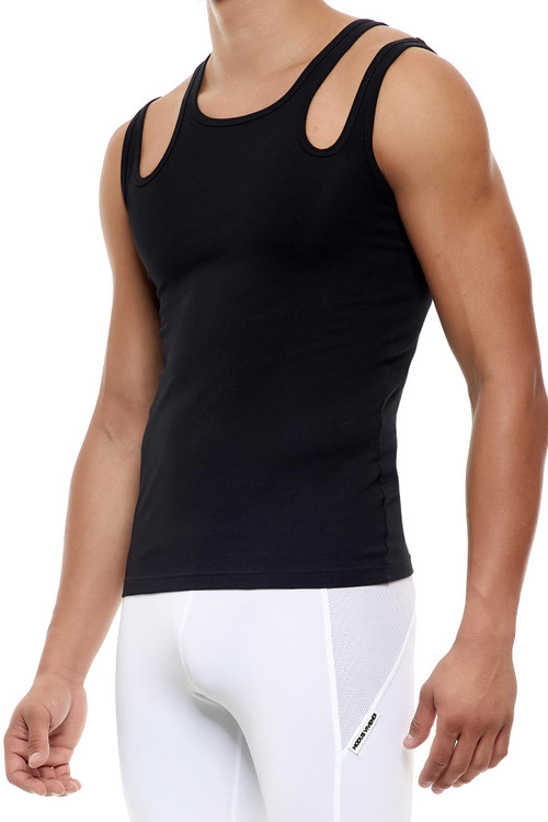 Modus Vivendi Hole Double Tank Top | Black | 02332  - Mens Tank Tops - Side View - Topdrawers Clothing for Men
