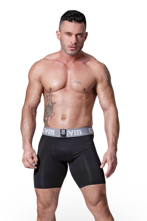 GYM Jockstrap Compression Short w/ Phone Pocket | Black | GYM006-BL  - Mens Boxer Briefs - Front View - Topdrawers Underwear for Men

