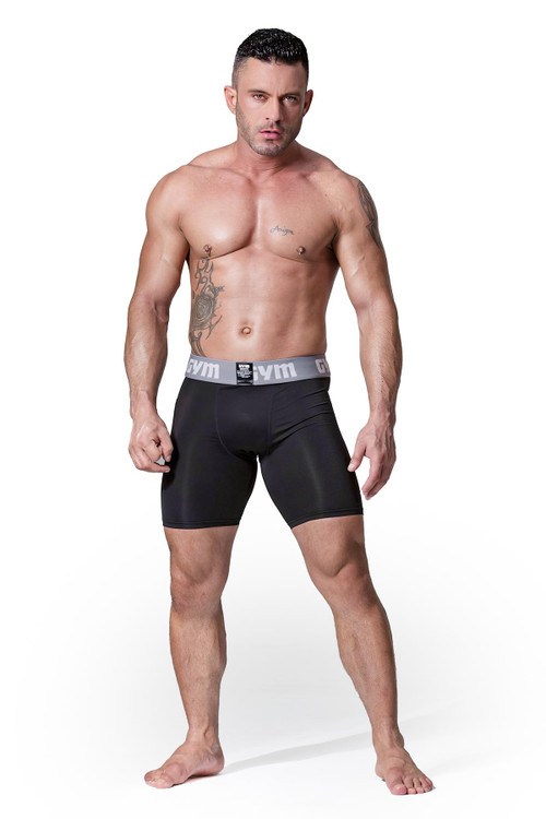 GYM Jockstrap Compression Short w/ Phone Pocket | Black | GYM006-BL  - Mens Boxer Briefs - Front View - Topdrawers Underwear for Men
