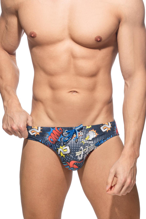Addicted Comic Swim Brief | Navy | ADS303-09  - Mens Swim Briefs - Front View - Topdrawers Swimwear for Men
