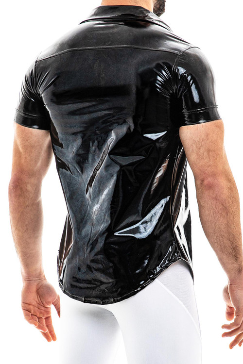 Modus Vivendi Viral Vinyl Shirt | Black | 08041-BL  - Mens Fetish Short Sleeve Shirts - Rear  View - Topdrawers Clothing for Men
