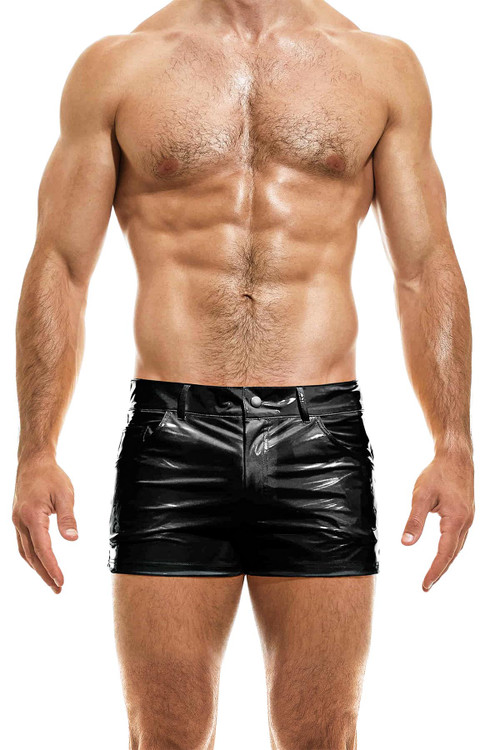 Modus Vivendi Viral Vinyl 5-Pocket Short | Black | 08062-BL  - Mens Fetish Shorts - Front View - Topdrawers Clothing for Men
