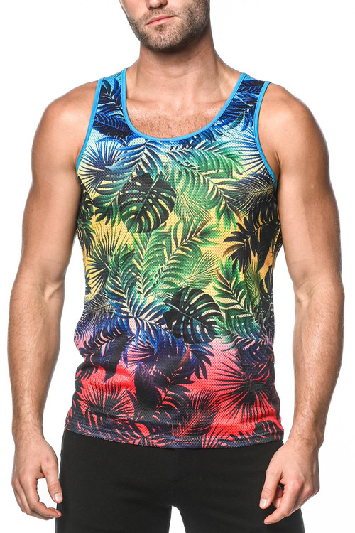 ST33LE Stretch Mesh Tank | Rainbow Gradient Palms | ST-11072  - Mens Singlet Tank Tops - Front View - Topdrawers Clothing for Men
