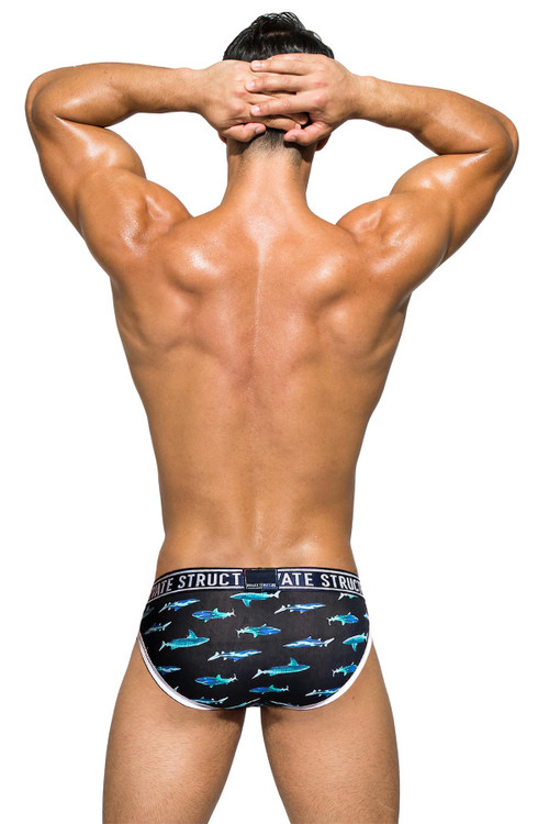 Private Structure Pride Mini Brief | Sharks Black | EPUX4187-SHBL  - Mens Briefs - Rear View - Topdrawers Underwear for Men
