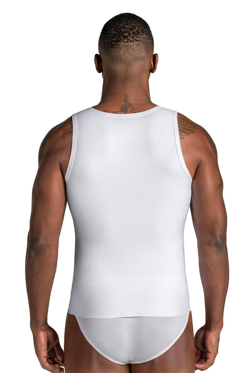 Leo Stretch Cotton Moderate Shaper Tank w/ Mesh | White | 035022-000  - Mens Shapewear - Rear View - Topdrawers Underwear for Men
