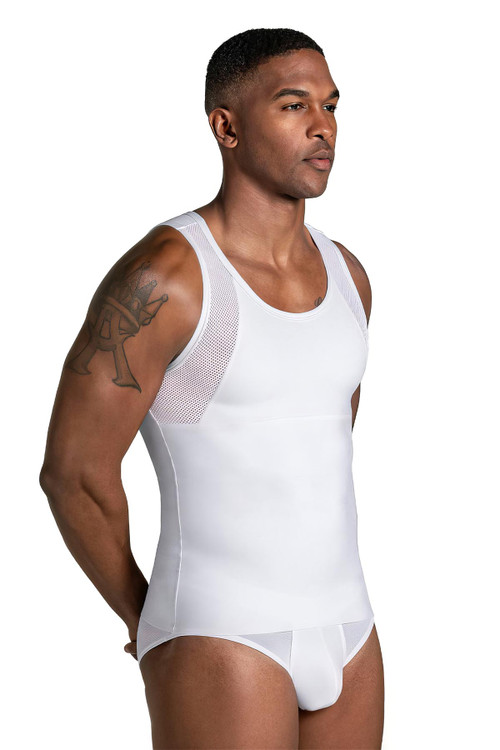 Leo Stretch Cotton Moderate Shaper Tank w/ Mesh | White | 035022-000  - Mens Shapewear - Side View - Topdrawers Underwear for Men
