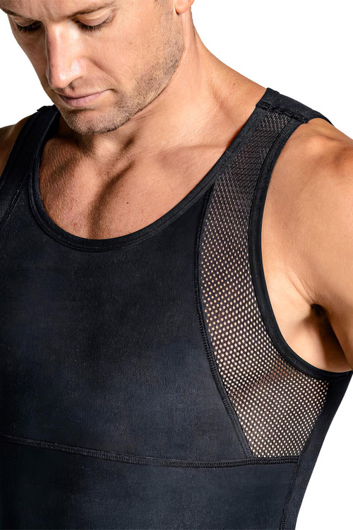 Leo Stretch Cotton Moderate Shaper Tank w/ Mesh | Black | 035022-700  - Mens Shapewear - Front View - Topdrawers Underwear for Men
