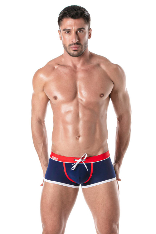 TOF Paris Holidays Swim Trunk | Navy | TOF247-BM  - Mens Swim Trunk Boxers - Front View - Topdrawers Swimwear for Men
