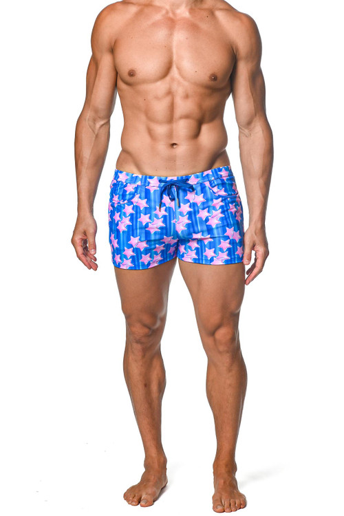 ST33LE Coast Swim Shorts | Sapphire Pink Stars | ST-8007-51  - Mens Swim Shorts - Front View - Topdrawers Swimwear for Men
