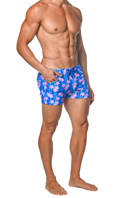 ST33LE Coast Swim Shorts | Sapphire Pink Stars | ST-8007-51  - Mens Swim Shorts - Side View - Topdrawers Swimwear for Men
