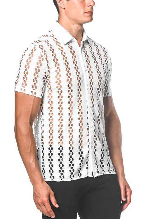 ST33LE Stretch Gossamer Lace Short Sleeve Shirt | White Honeycomb | ST-24014  - Mens Short Sleeve Shirts - Side View - Topdrawers Clothing for Men
