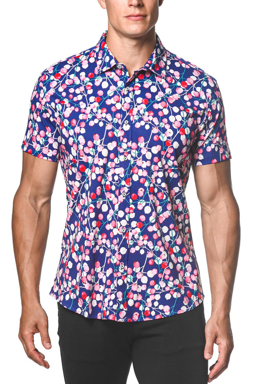 ST33LE Stretch Jersey Knit Short Sleeve Shirt | Navy/Blush Blossoms | ST-9270  - Mens Short Sleeve Shirts - Front View - Topdrawers Clothing for Men
