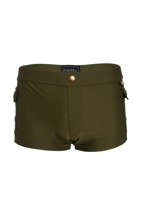 Andrew Christian Cargo Swim Trunk | Olive | 70106-OVGN  - Mens Swim Trunks - Front View - Topdrawers Swimwear for Men
