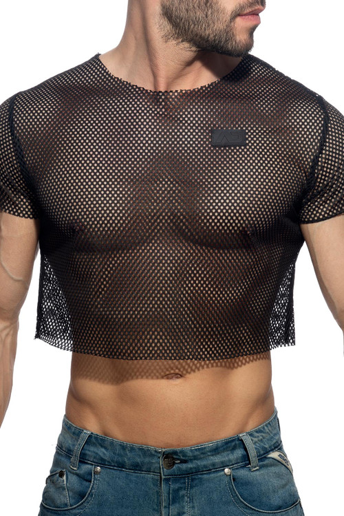 Addicted Mesh Crop Top | Black | AD1189-10  - Mens Crop Top T-Shirts - Front View - Topdrawers Clothing for Men
