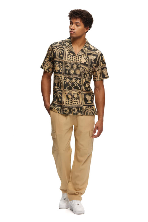 Kuwalla Tee Linen Printed Yacht Shirt | Black | KUL-YS009E-BLK  - Mens Short Sleeve Shirts - Front View - Topdrawers Clothing for Men
