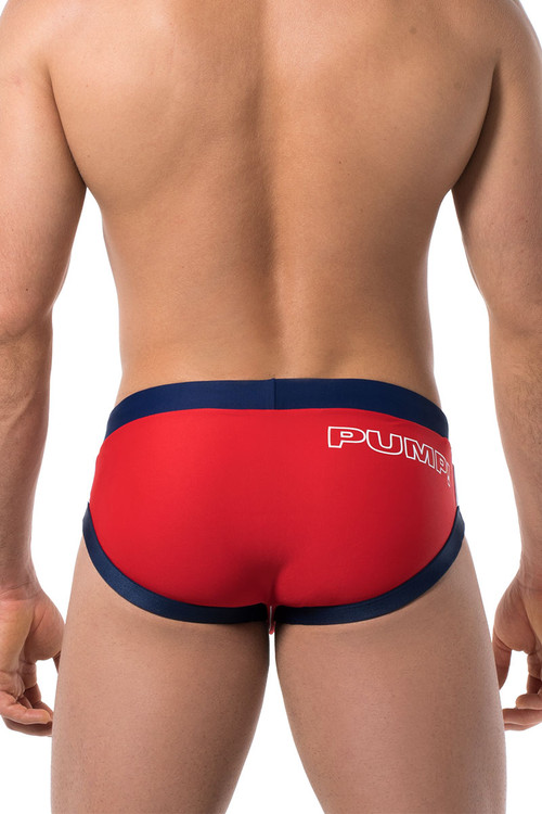 PUMP! Red/Navy WaterBrief 13007 - Mens Swim Briefs - Rear View - Topdrawers Swimwear for Men
