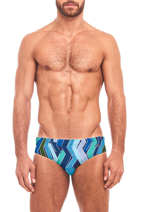 YUASA Swim Brief | Cracked Stripe Blue Multi - Front View | Mens Swim Briefs | Topdrawers Swimwear for Men
