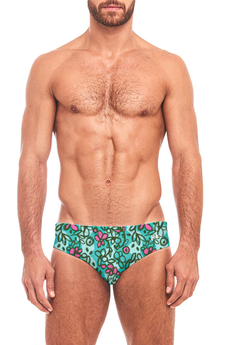 YUASA Swim Brief | Sketchbook Cosmos Turquoise Multi - Front View | Mens Swim Briefs | Topdrawers Swimwear for Men