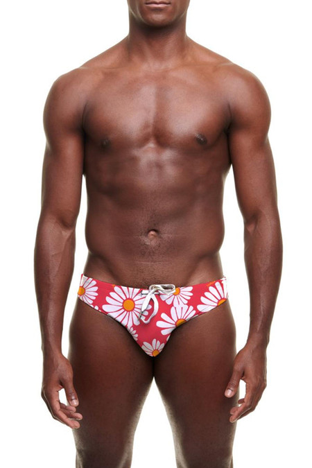 YUASA Slim Swim Brief | Lazy Daisy Red YT-124-162 | Front View | Mens Swim Briefs | Topdrawers Swimwear for Men