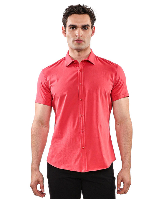 ST33LE Solid Knit Strech Short Sleeve Shirt | Punch ST-963 | Front View | Mens Short Sleeve Shirts | Topdrawers Clothing for Men
