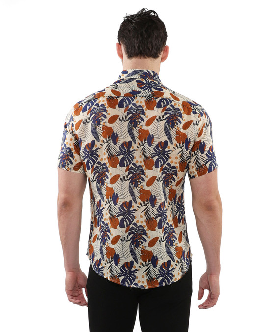 Postmarc Lightweight Linen Tencel Short Sleeve Shirt | Ecru Navy Leaves PM-45034 | Rear View | Mens Short Sleeve Shirts | Topdrawers Clothing for Men