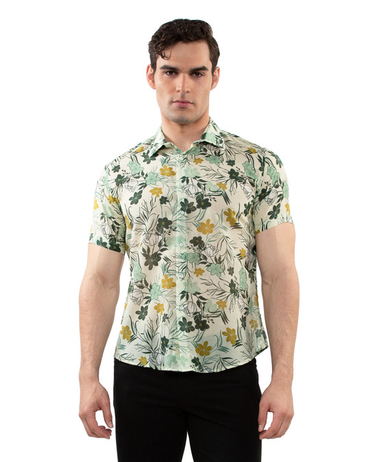 Postmarc Lightweight Cotton Silk Short Sleeve Shirt | Fern Ochre Floral PM-46040 | Front View | Mens Short Sleeve Shirts | Topdrawers Clothing for Men