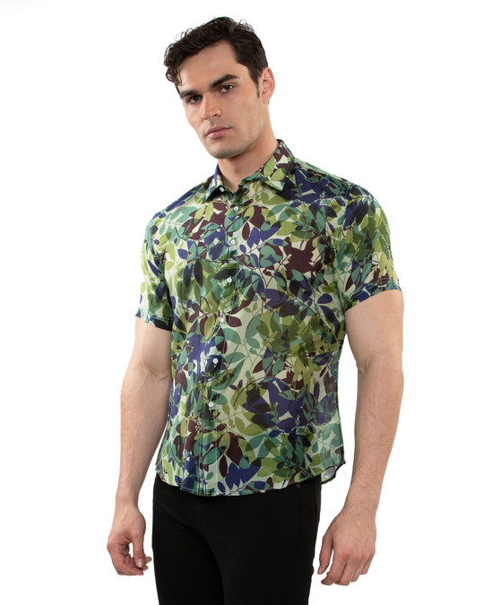 Postmarc Lightweight Cotton Silk Short Sleeve Shirt | Forest Slate Leaves PM-46037 | Side View | Mens Short Sleeve Shirts | Topdrawers Clothing for Men