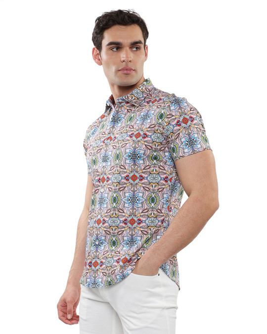 ST33LE Stretch Jersey Knit Short Sleeve Shirt | Pink Multi Fauna ST-9323 | Side View | Mens Short Sleeve Shirts | Topdrawers Clothing for Men