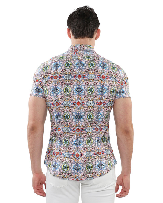 ST33LE Stretch Jersey Knit Short Sleeve Shirt | Pink Multi Fauna ST-9323 | Rear View | Mens Short Sleeve Shirts | Topdrawers Clothing for Men