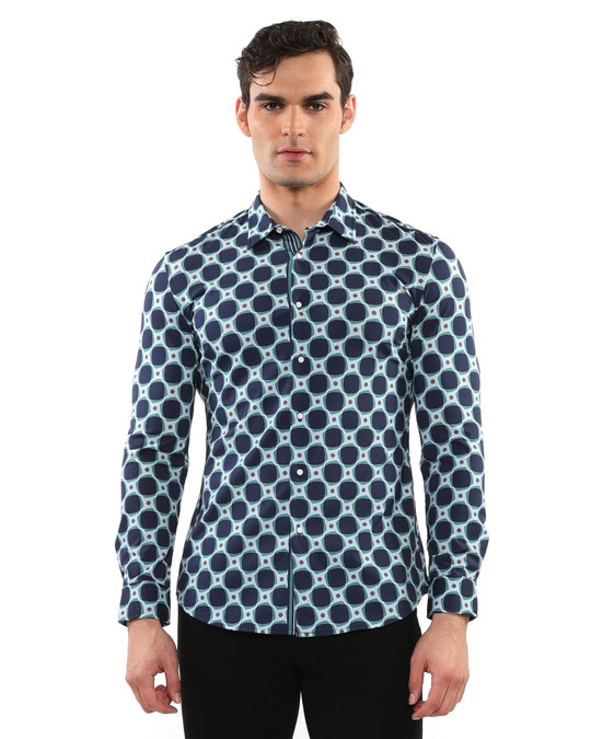 Postmarc L S Performance Stretch Shirt Aloe Peacock Squares PM-76086 | Front View | Mens Long Sleeve Shirts | Topdrawers Clothing for Men