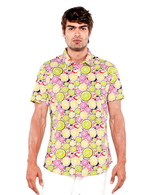 ST33LE Stretch Jersey Knit Short Sleeve Shirt | Lemon Citrus Fruits ST-9332 | Front View | Mens Short Sleeve Shirts | Topdrawers Clothing for Men