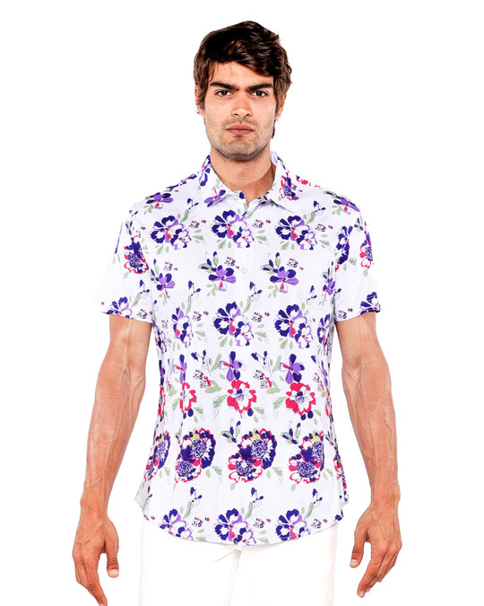 ST33LE Stretch Jersey Knit Short Sleeve Shirt | Fuchsia Sprout Floral ST-9335 | Front View | Mens Short Sleeve Shirts | Topdrawers Clothing for Men