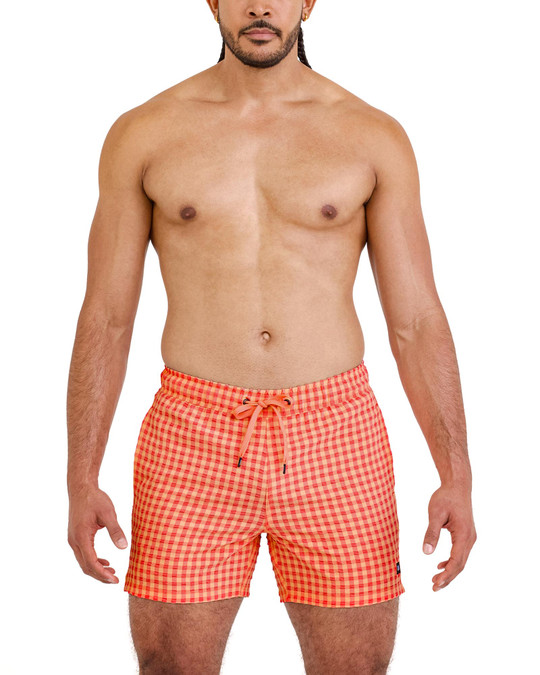 Saxx Oh Buoy 2N1 Volley Swim Short 5 Inch Peach Gingham SXSW03L | Front View | Mens Swim Shorts | Topdrawers Swimwear for Men